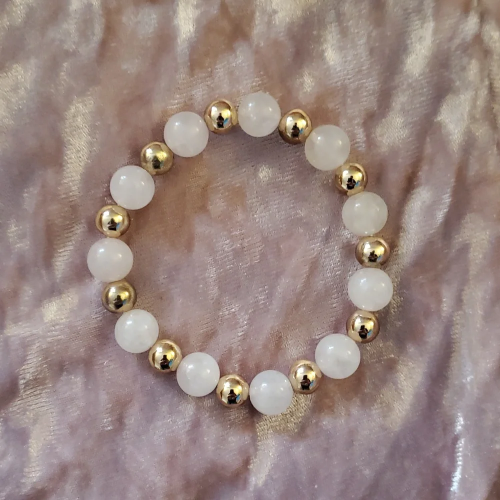 ROSE QUARTZ & Gold Bead Handmade Healing Stretch Bracelet Christmas Gift In Box - Picture 5 of 8
